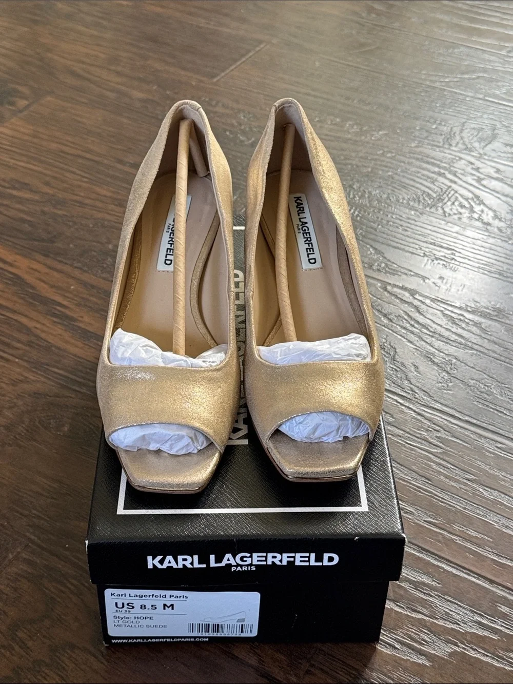 Karl Lagerfeld Metallic Suede Gold Square-Toe Block Heel
